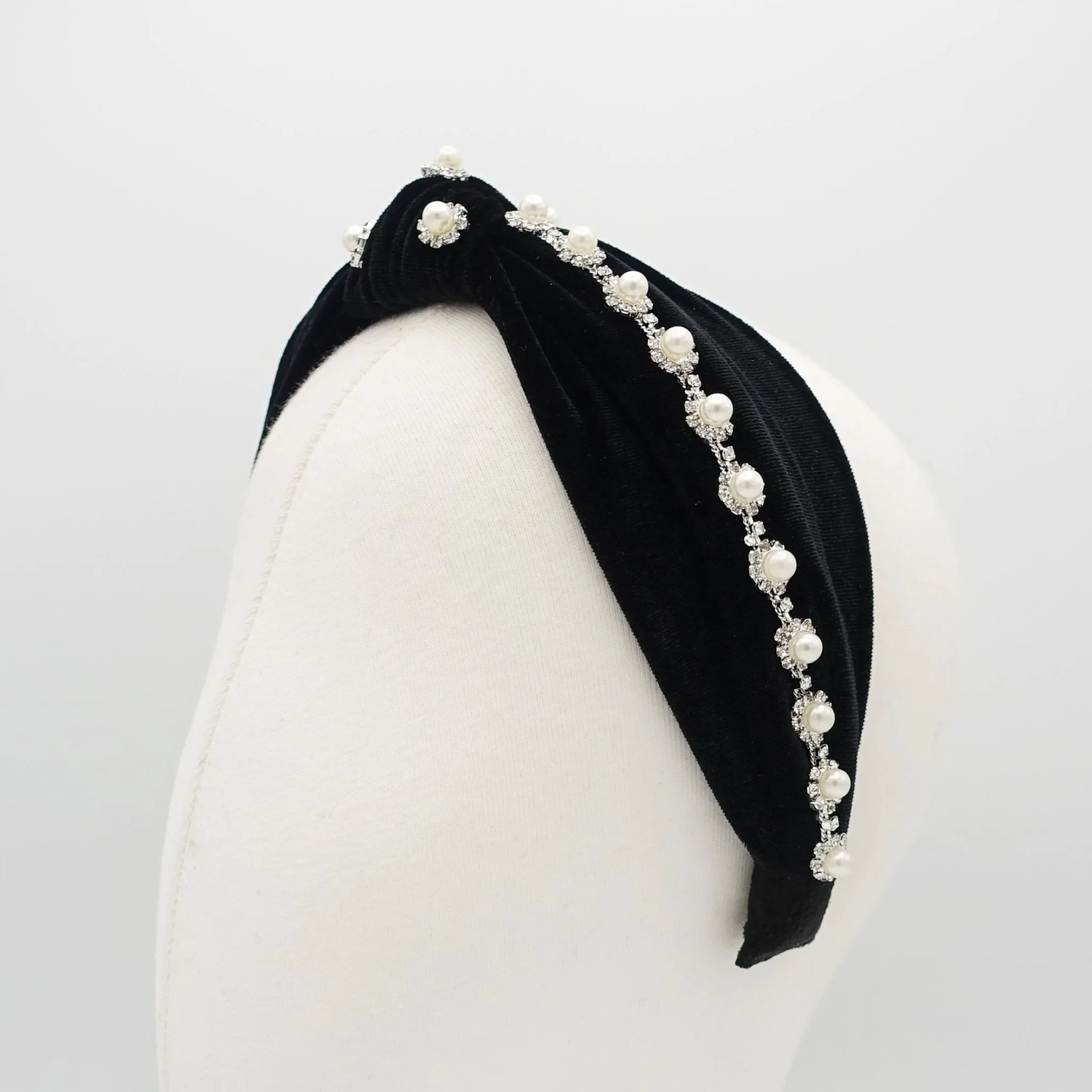 pearl rhinestone headband flower knotted velvet womens hairband accessory