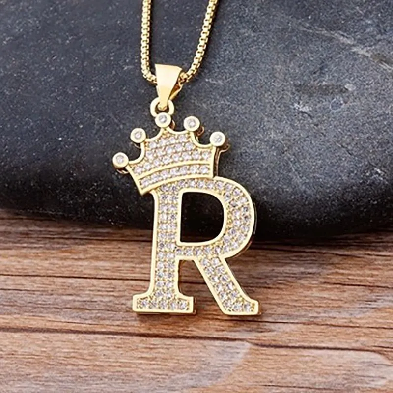 Personalized Zircon Crown A-Z Initial Letter Charm Necklace