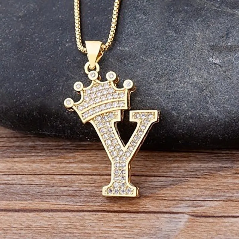 Personalized Zircon Crown A-Z Initial Letter Charm Necklace