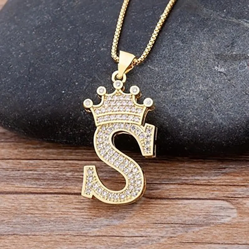 Personalized Zircon Crown A-Z Initial Letter Charm Necklace