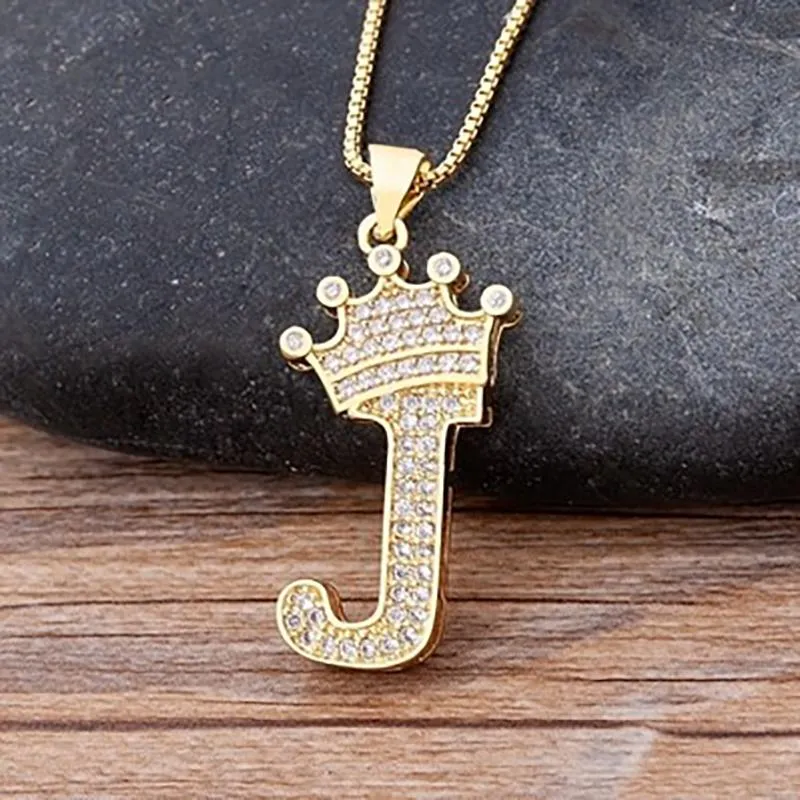 Personalized Zircon Crown A-Z Initial Letter Charm Necklace