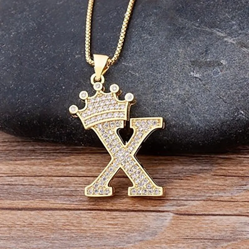 Personalized Zircon Crown A-Z Initial Letter Charm Necklace