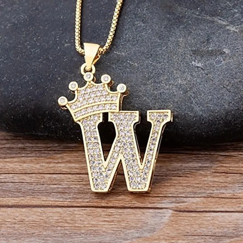 Personalized Zircon Crown A-Z Initial Letter Charm Necklace