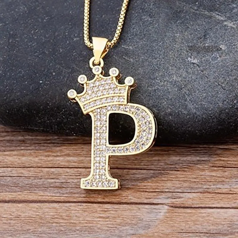 Personalized Zircon Crown A-Z Initial Letter Charm Necklace