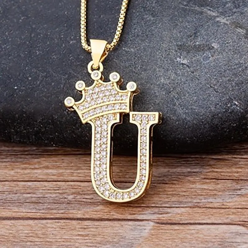 Personalized Zircon Crown A-Z Initial Letter Charm Necklace