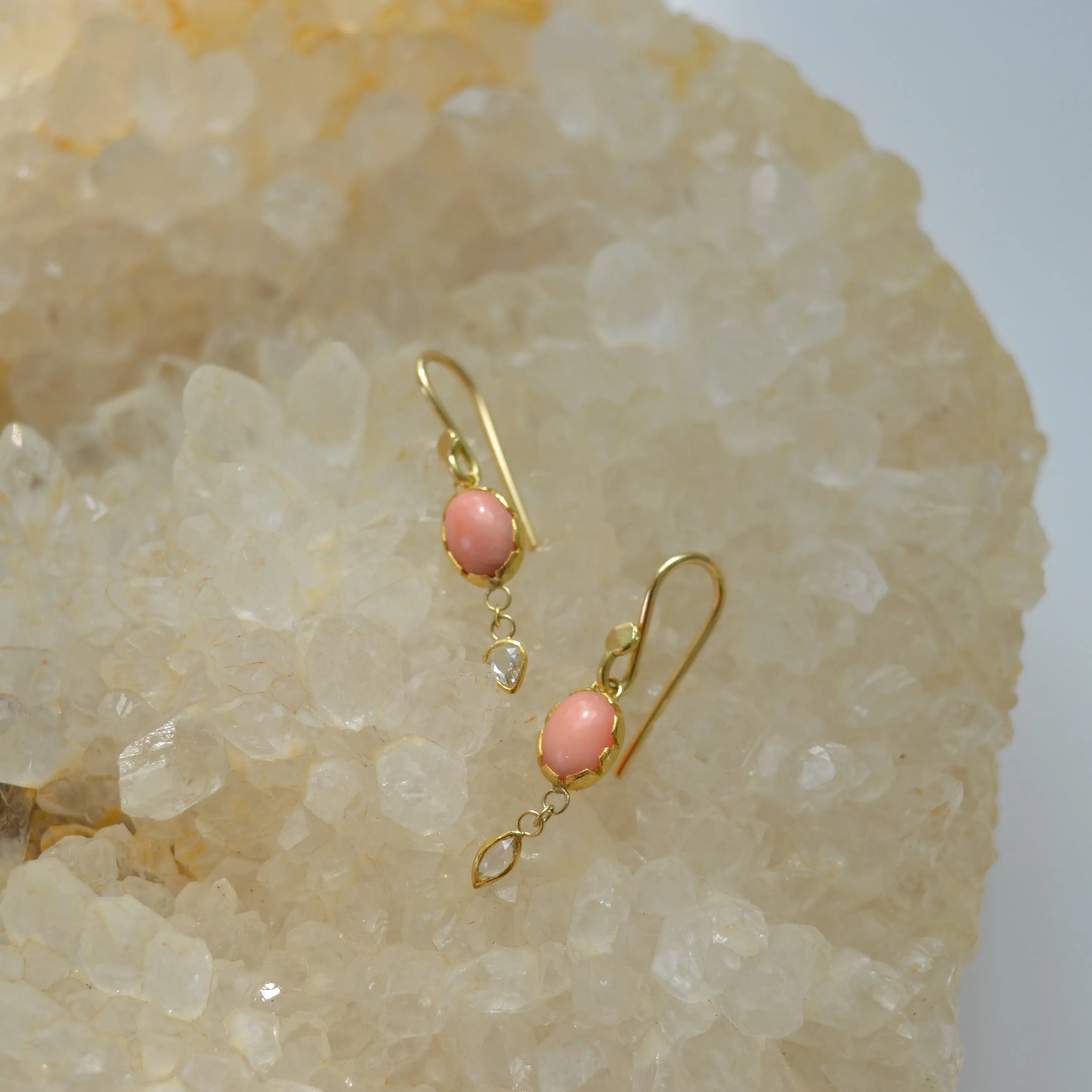 Pink Coral & Diamond Drop Earrings