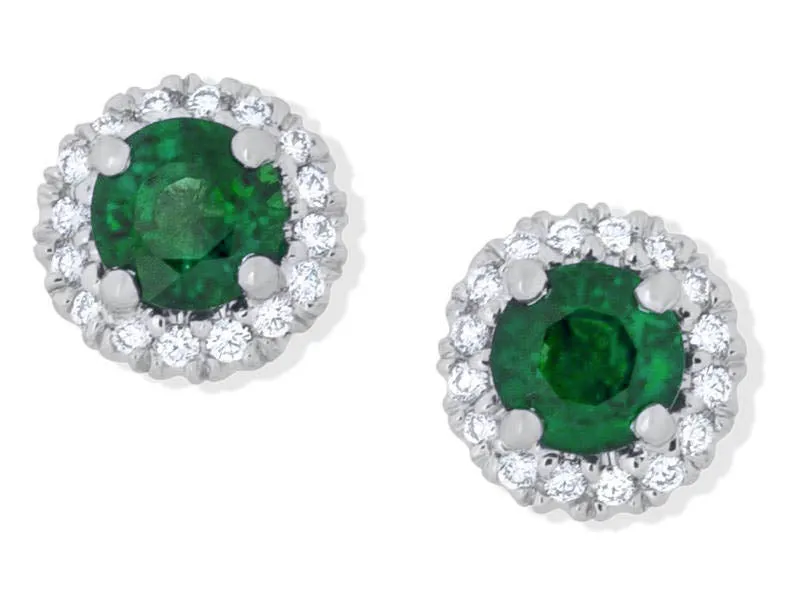 PLATINUM 2 5MM ROUND EMERALDS=1.12CTS AND 32 FULL CUT DIAMONDS=0.18CTS HALO STUD EARRINGS