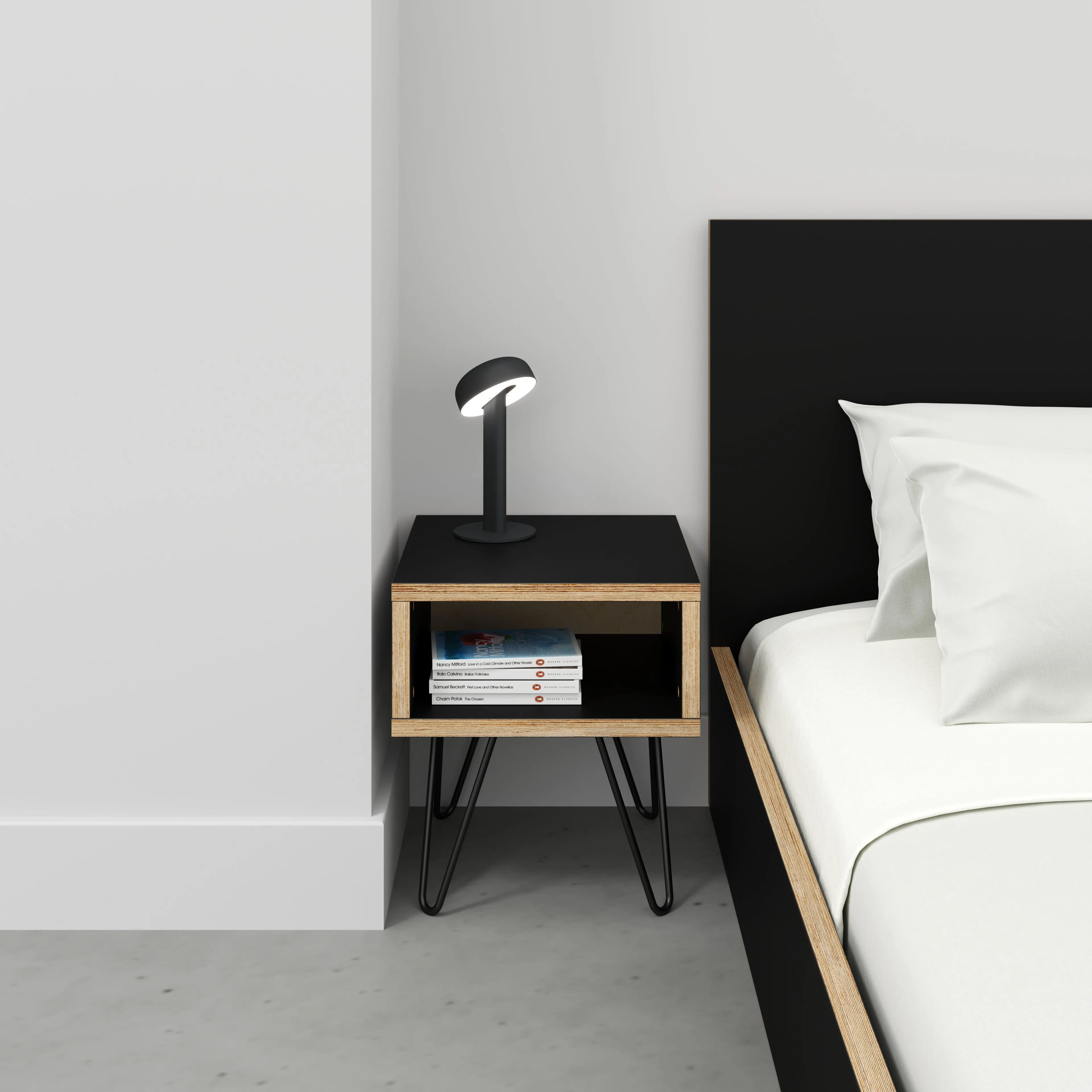 Plywood Bedside Table with Box Storage and Black Hairpin Legs - Formica Diamond Black - 400(w) x 400(d) x 450(h)