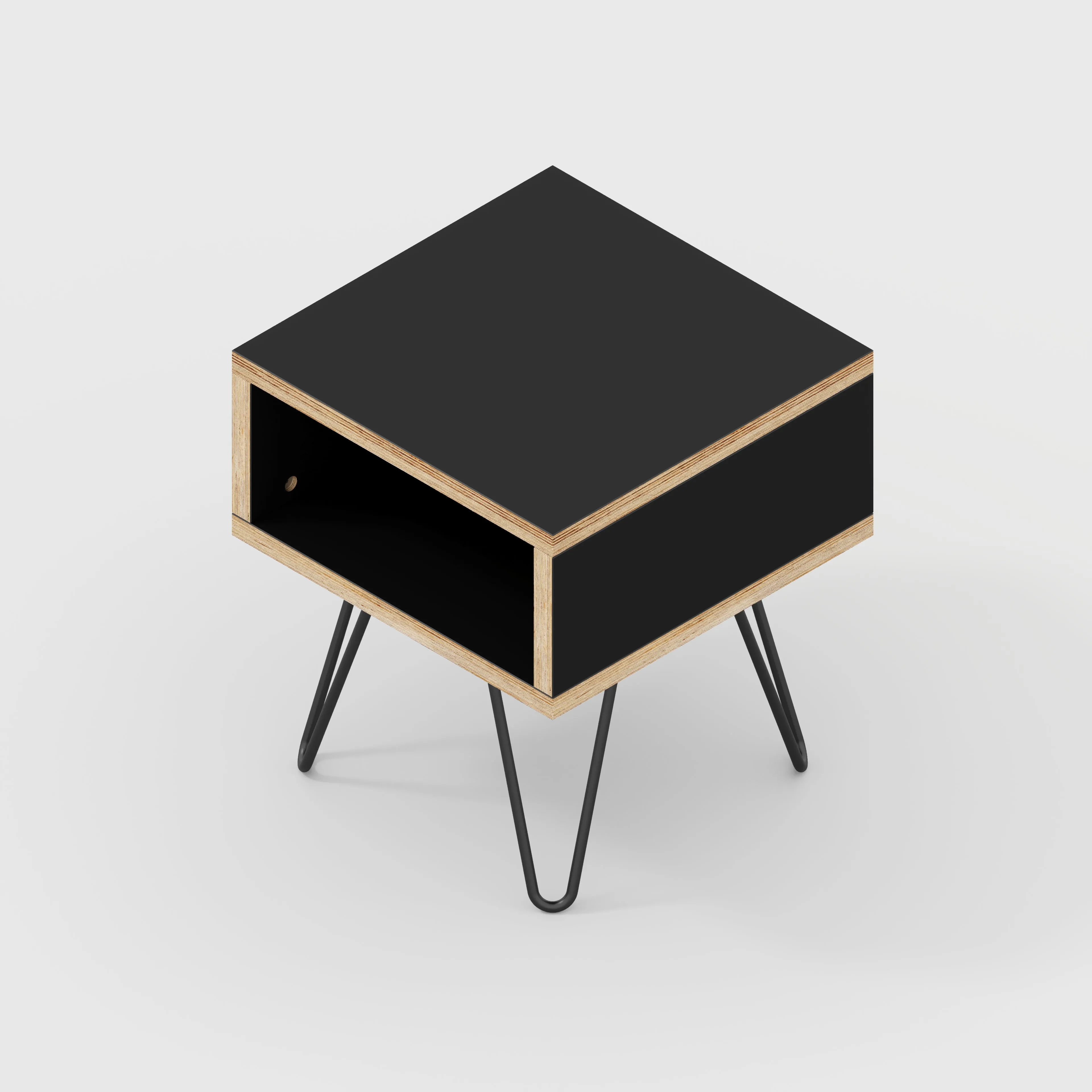 Plywood Bedside Table with Box Storage and Black Hairpin Legs - Formica Diamond Black - 400(w) x 400(d) x 450(h)