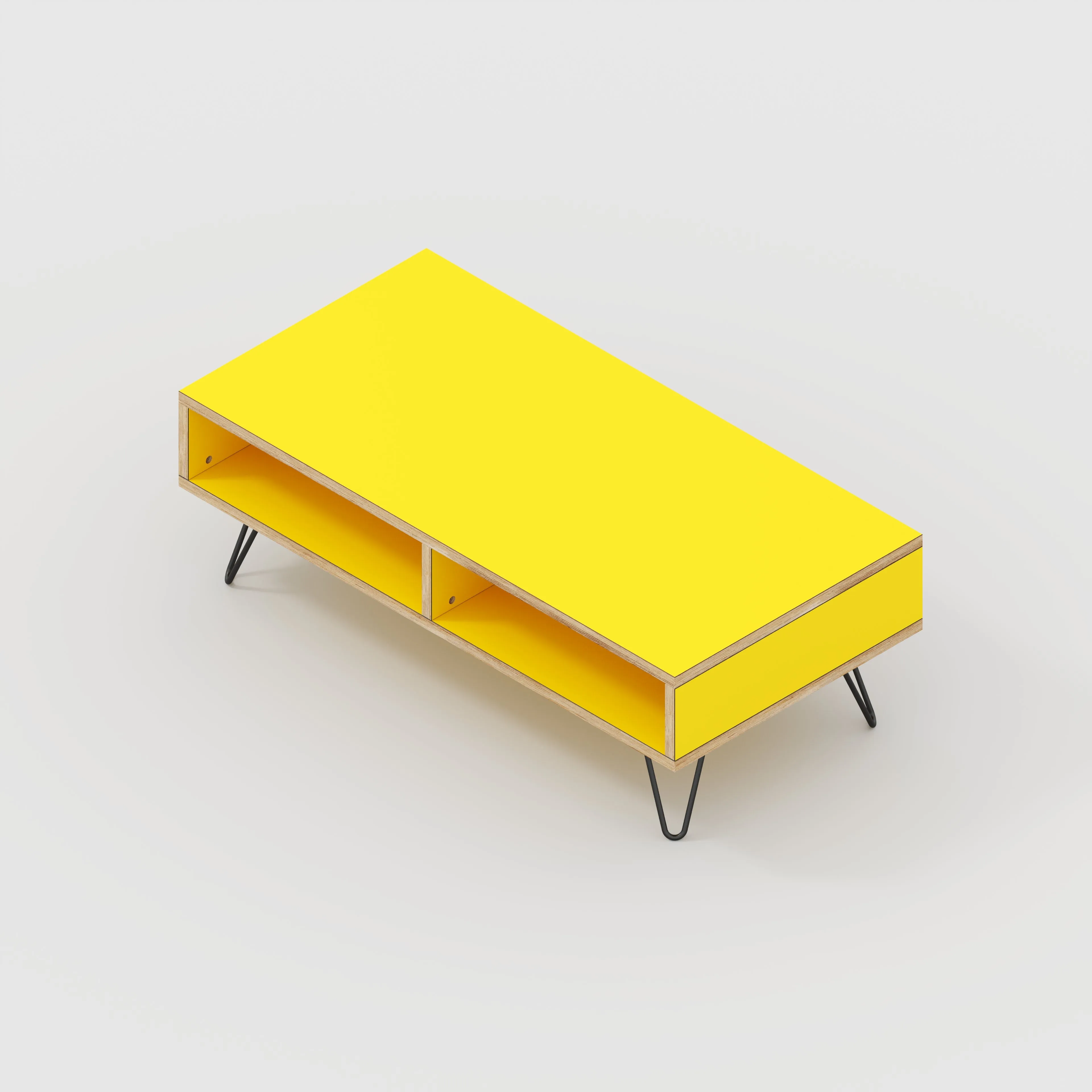 Plywood Coffee Table with Box Storage and Black Hairpin Legs - Formica Chrome Yellow - 1200(w) x 600(d) x 400(h)