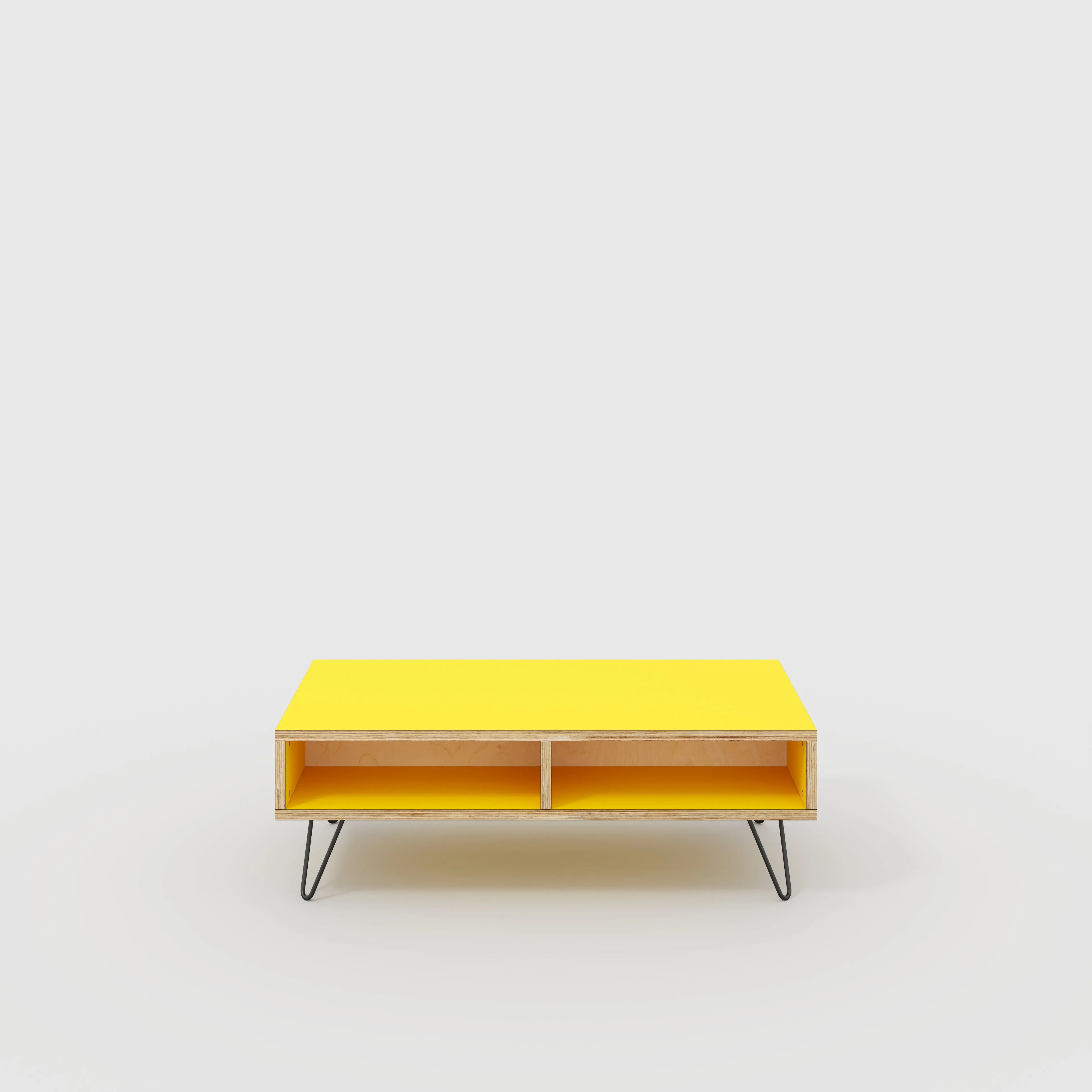 Plywood Coffee Table with Box Storage and Black Hairpin Legs - Formica Chrome Yellow - 1200(w) x 600(d) x 400(h)