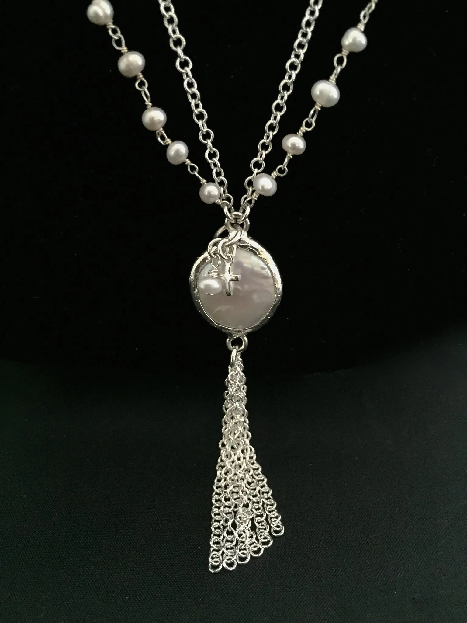 "Suzy" Pearl Lagoon Tassel Necklace