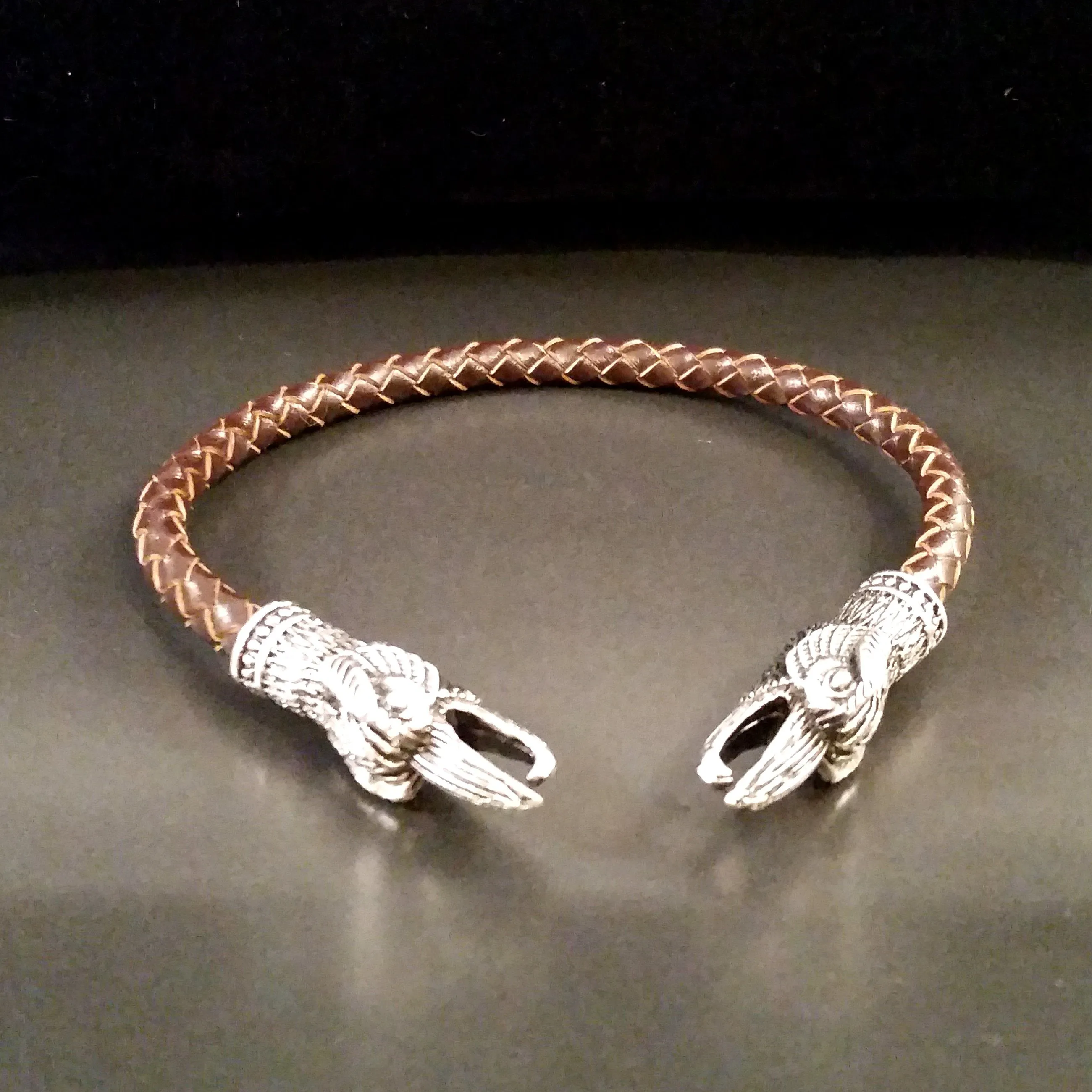 Raven Bracelet  Torc Silver Brown Leather