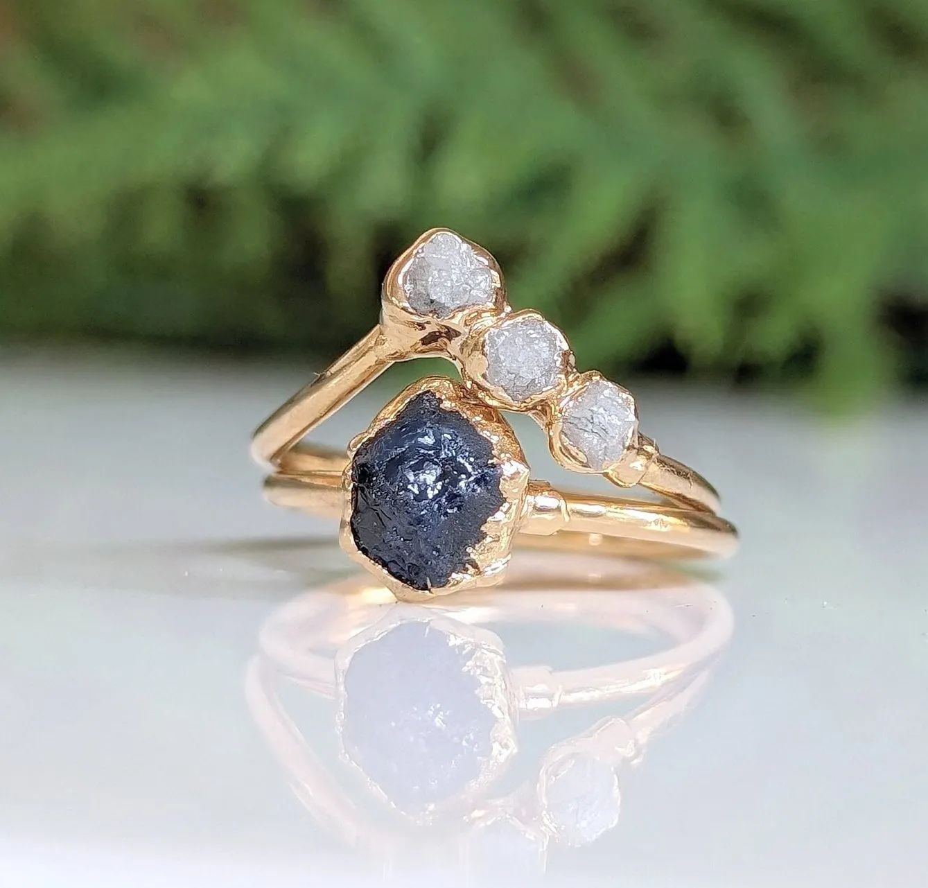 Raw Sapphire & rough diamond Chevron wedding ring set