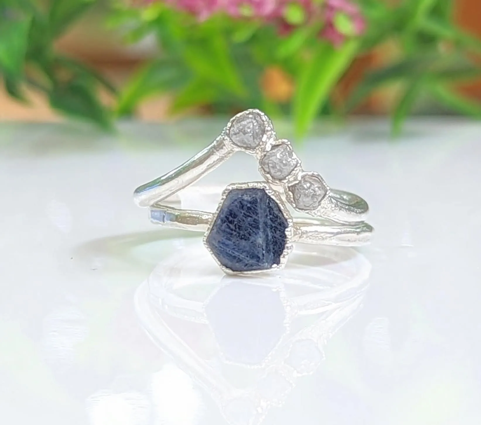 Raw Sapphire & rough diamond Chevron wedding ring set