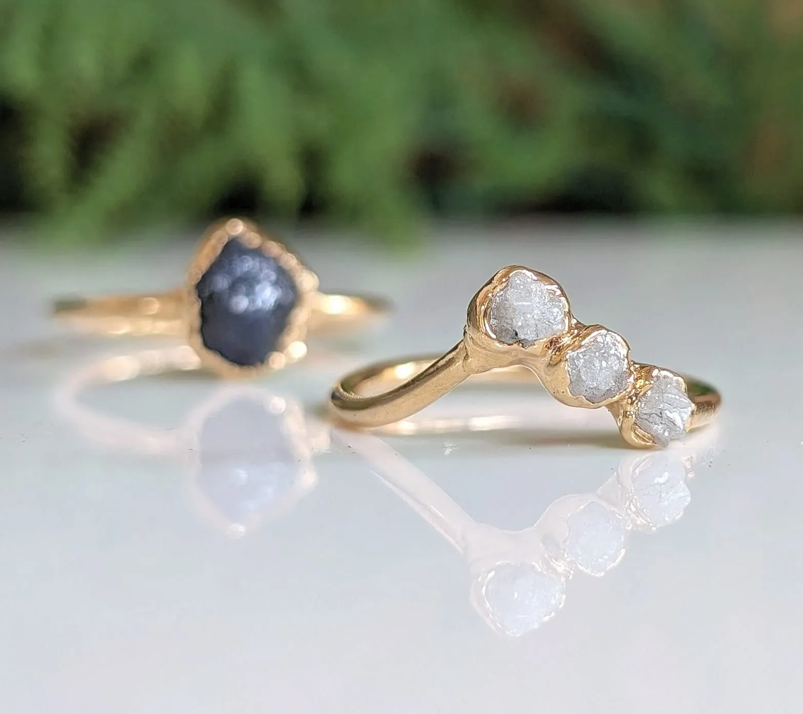 Raw Sapphire & rough diamond Chevron wedding ring set