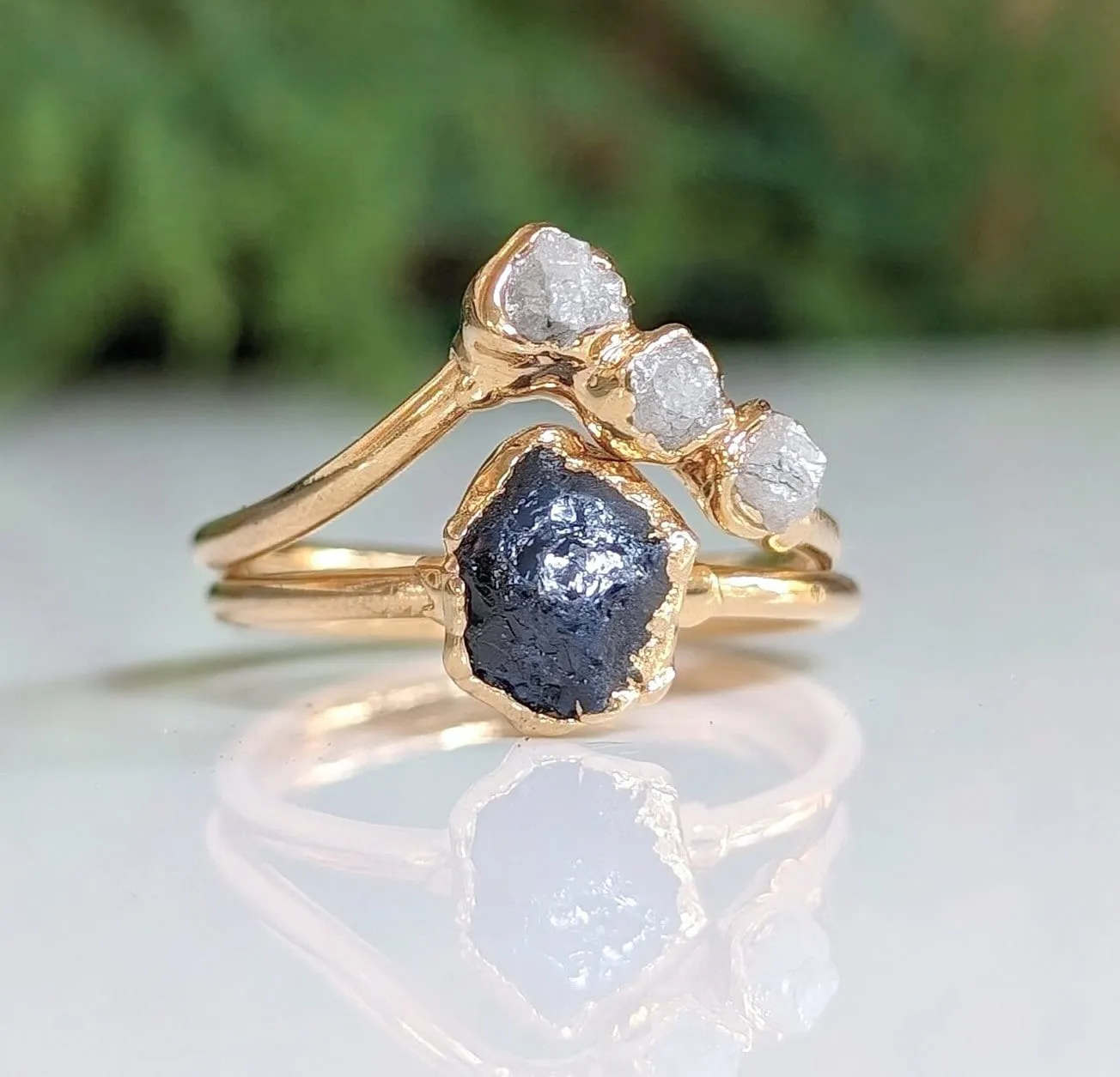 Raw Sapphire & rough diamond Chevron wedding ring set