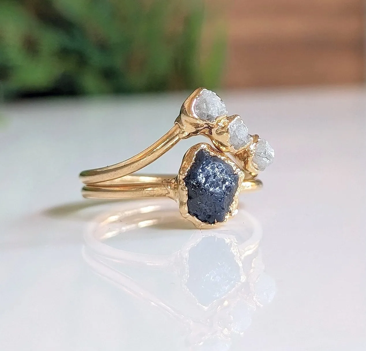 Raw Sapphire & rough diamond Chevron wedding ring set