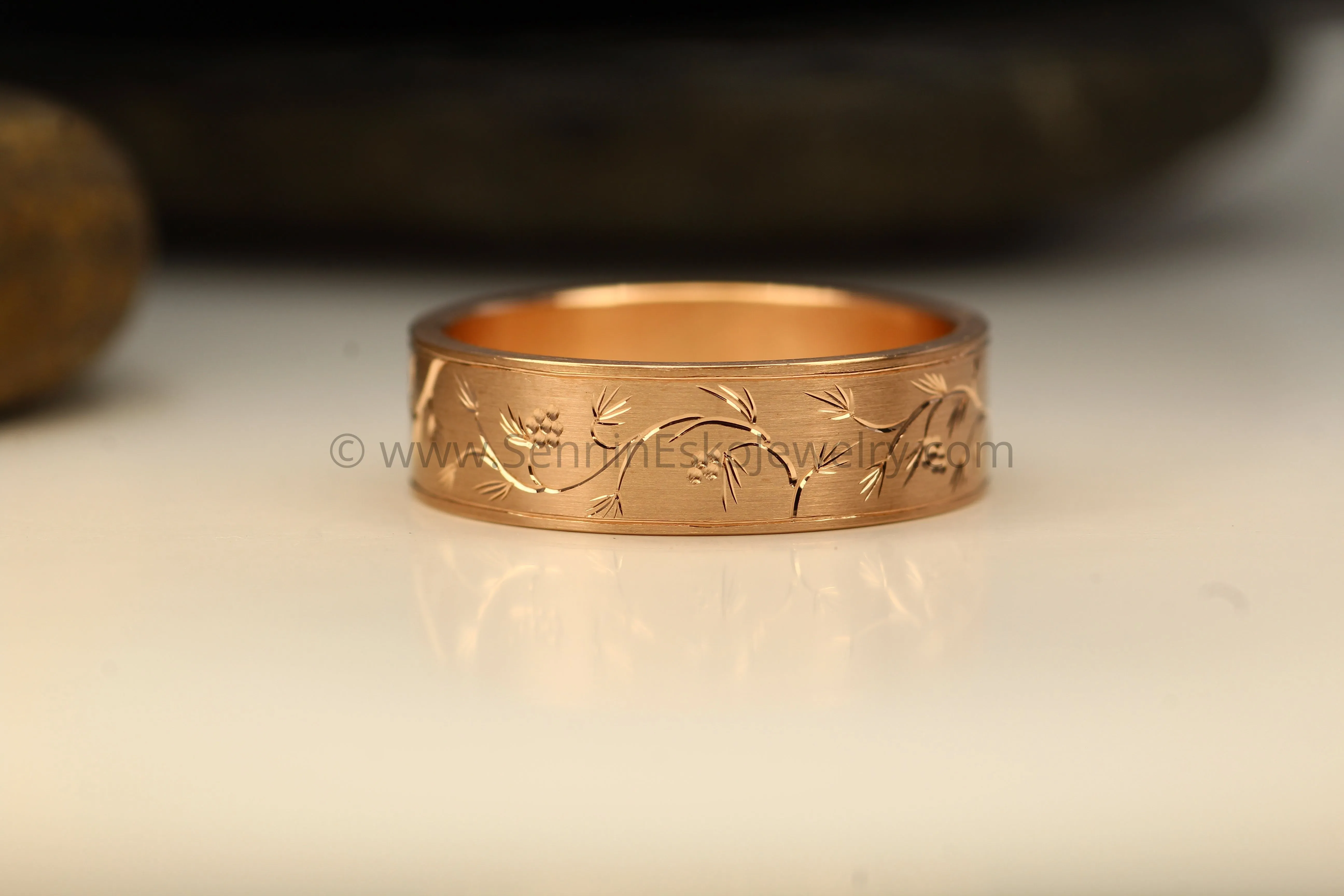 READY TO SHIP 6x1.2mm Pine Sprigs & Pine Cones Rose Gold Ring Size 8.5 - Bright Cut Engraved Band