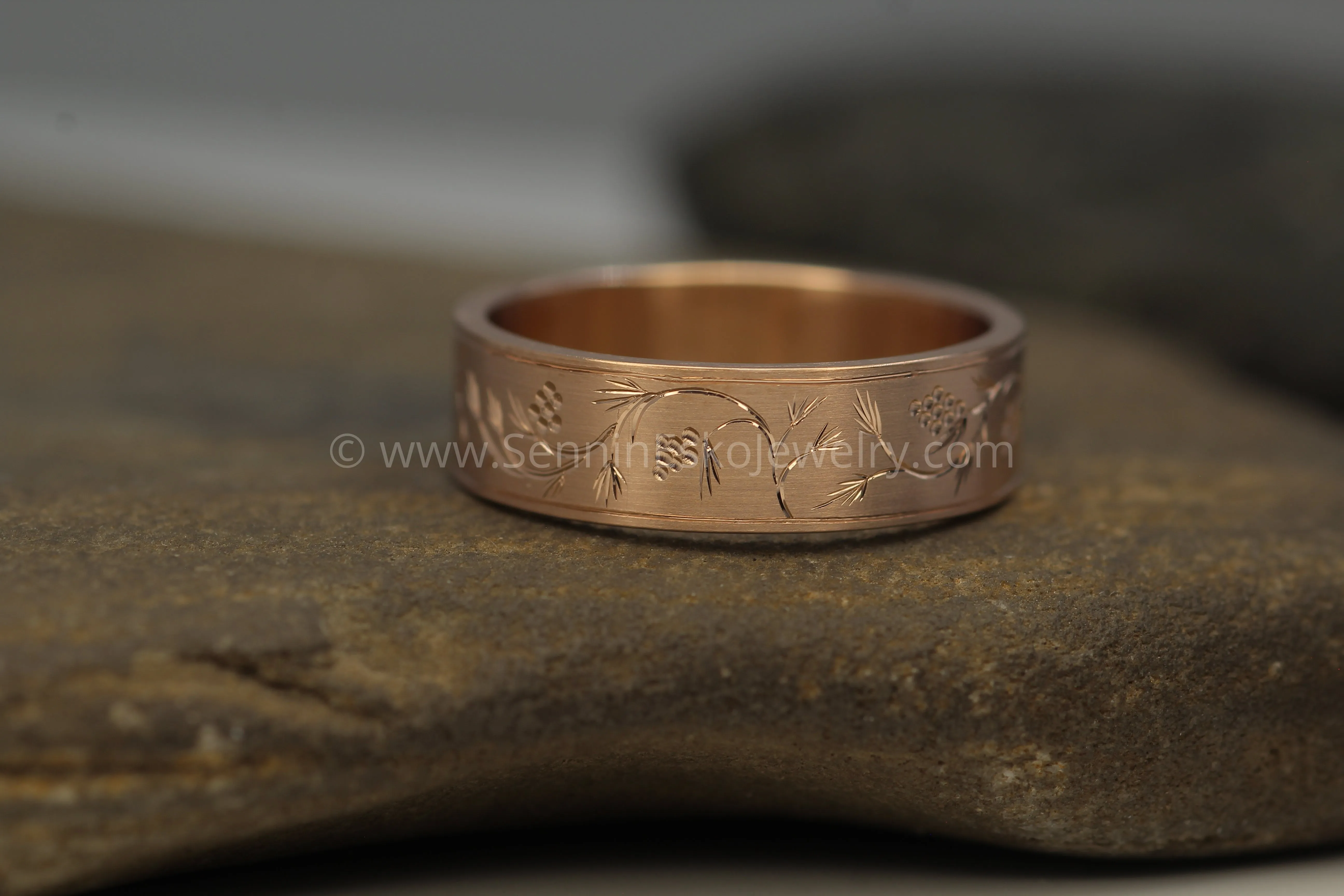 READY TO SHIP 6x1.2mm Pine Sprigs & Pine Cones Rose Gold Ring Size 8.5 - Bright Cut Engraved Band