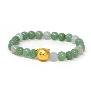 RealJade® "Lucky Kitten" Genuine High-quality Jade Jadeite Bracelet Bangle with 24k Yellow Gold Cat Charm #414