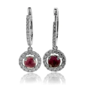 Red Emerald Cabochon with Diamond Halo Dangle Earrings