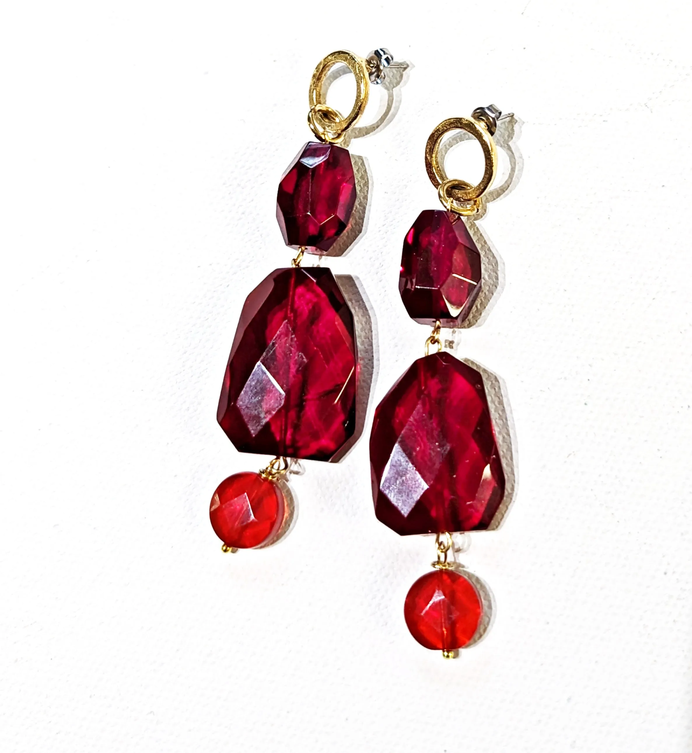 Red Faceted Glass Earrings Circle Post Gold Plated USA made Gay Isber Free shipping As seen as AC Magazine