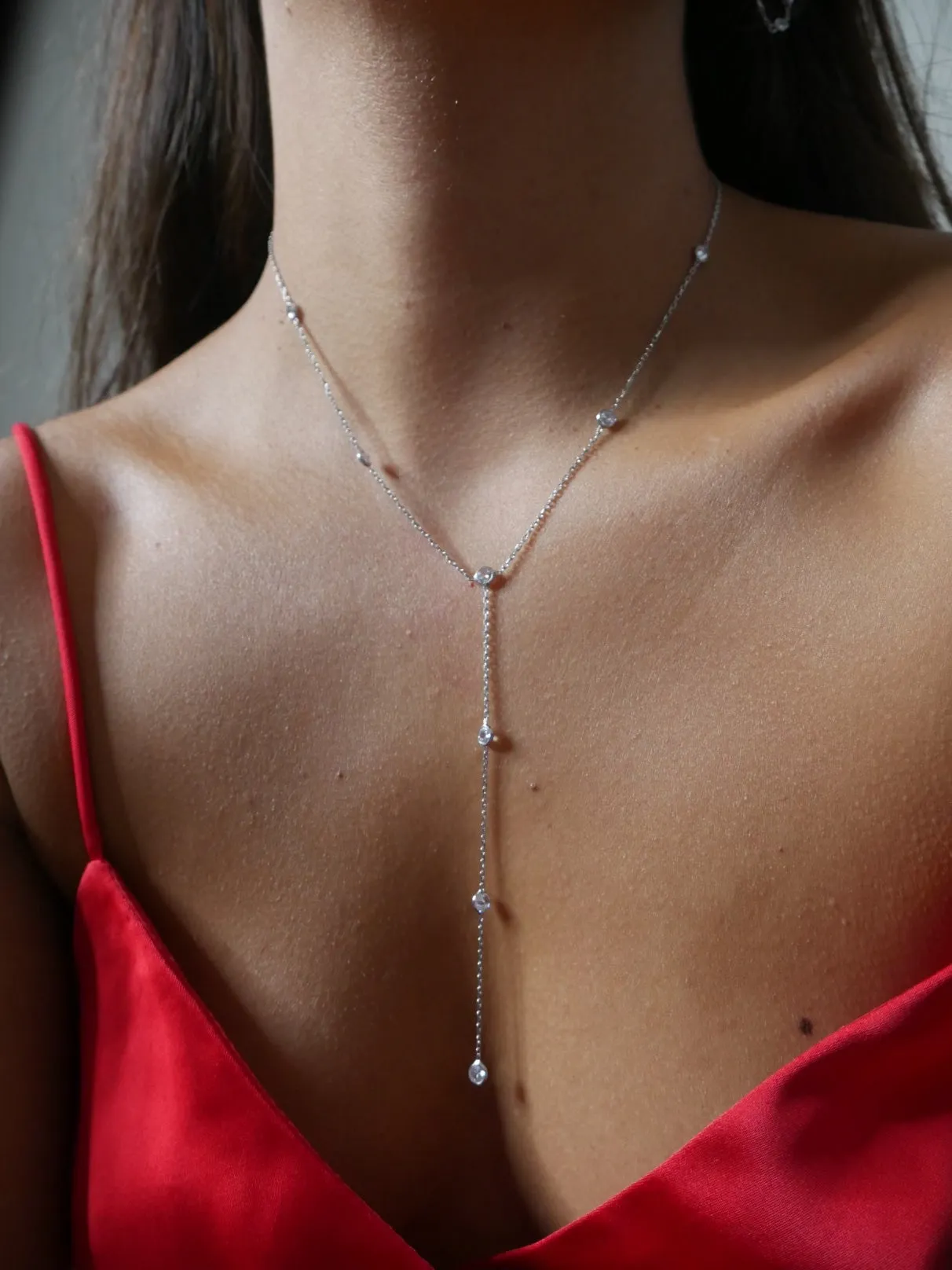 Sexy Lariat Necklace 925 Sterling Silver Drop Down Y Style  Cubic Zirconia Diamonds - KESLEY