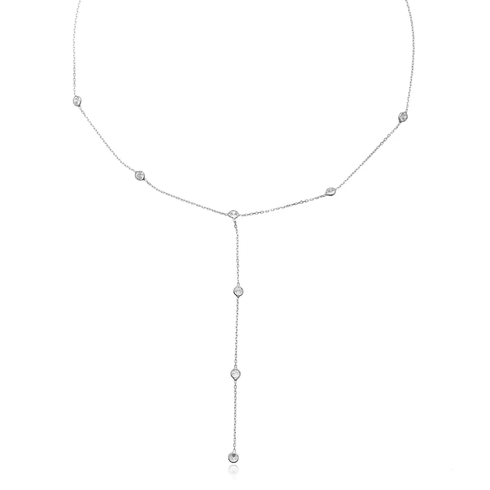 Sexy Lariat Necklace 925 Sterling Silver Drop Down Y Style  Cubic Zirconia Diamonds - KESLEY