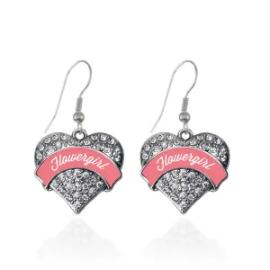 Silver Coral Flower Girl Pave Heart Charm Dangle Earrings