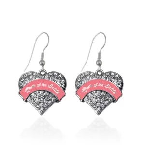 Silver Coral Mom of Bride Pave Heart Charm Dangle Earrings