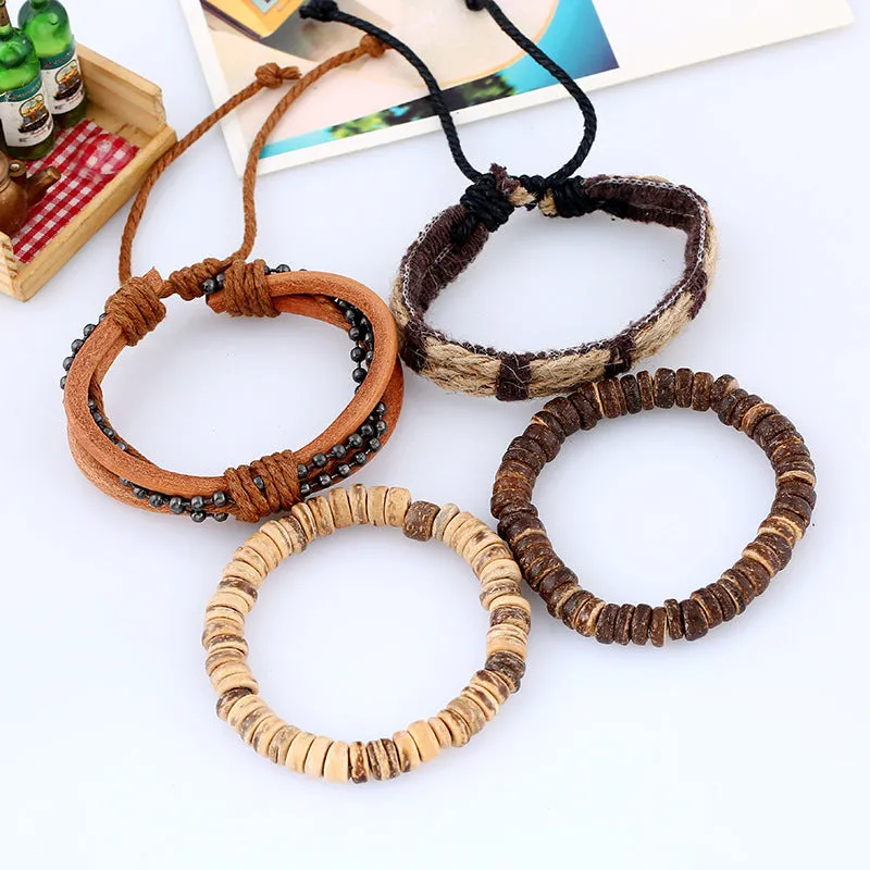 Simple Retro Set Bracelet DIY Braided Leather Bracelet Coconut Shell Bracelet Men's Hemp Rope Leather Bracelet