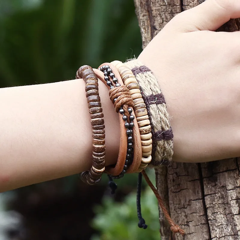 Simple Retro Set Bracelet DIY Braided Leather Bracelet Coconut Shell Bracelet Men's Hemp Rope Leather Bracelet