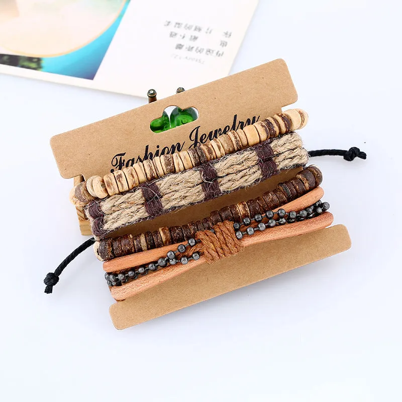 Simple Retro Set Bracelet DIY Braided Leather Bracelet Coconut Shell Bracelet Men's Hemp Rope Leather Bracelet