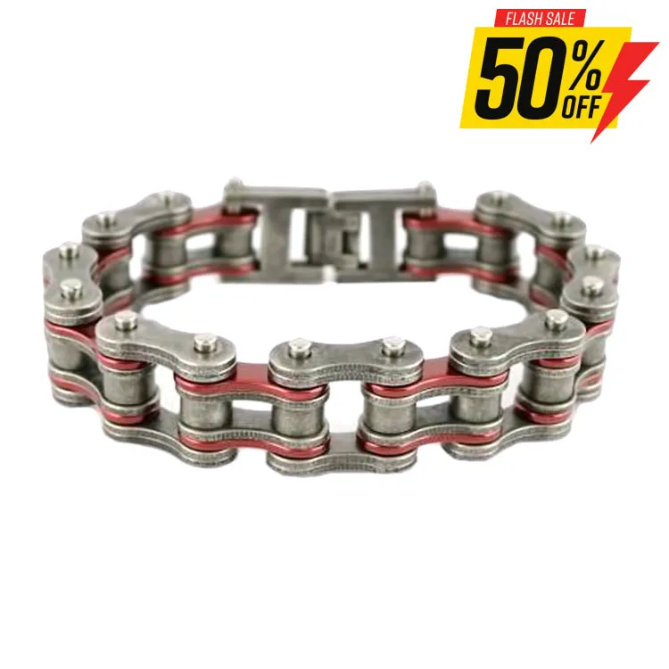 SK2257 Stainless Steel 3/4" Wide Two Tone Distressed/Candy Red Motorcycle Chain Bracelet