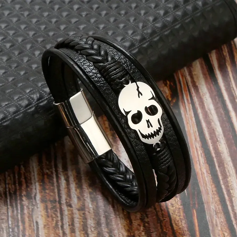 Skull Leather Bracelet Men's Personalized Multi-layer Woven leather Bracelet with Magnetic Clasp for Men