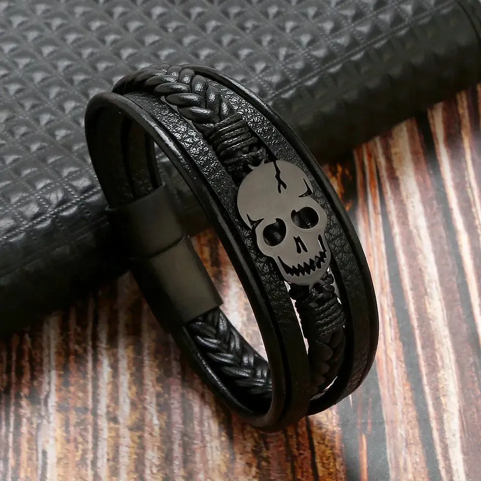 Skull Leather Bracelet Men's Personalized Multi-layer Woven leather Bracelet with Magnetic Clasp for Men