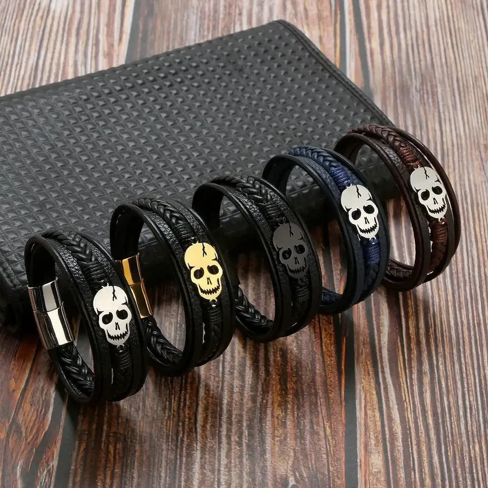 Skull Leather Bracelet Men's Personalized Multi-layer Woven leather Bracelet with Magnetic Clasp for Men