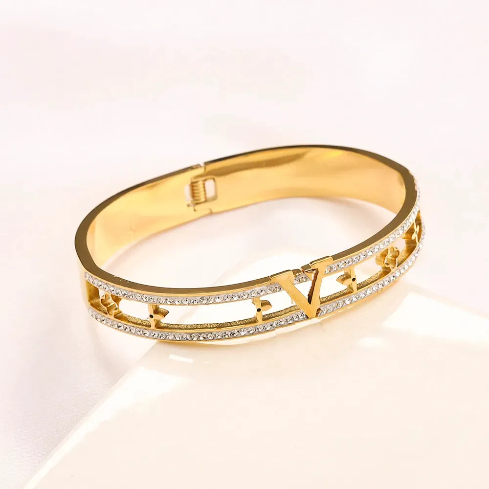 Stainless Steel Gold Plated Bangle High Quality Charming Women's Bracelet Luxury Silver Plated Gift Bangle With Box High Quality Diamond Jewelry