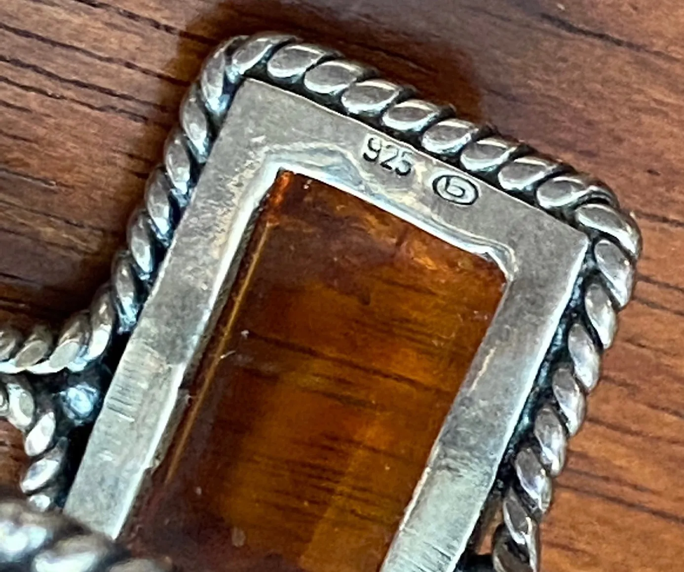 Sterling Silver Baltic Amber Rectangle Rope Edge Ring Sz 9