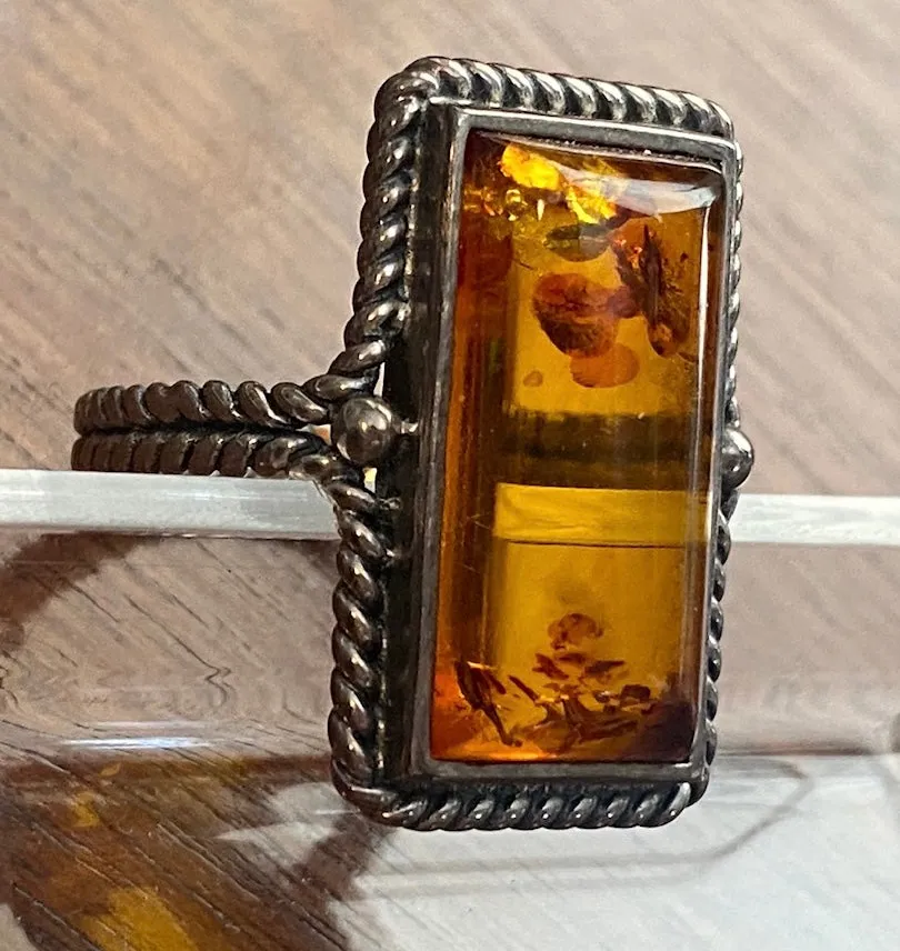 Sterling Silver Baltic Amber Rectangle Rope Edge Ring Sz 9