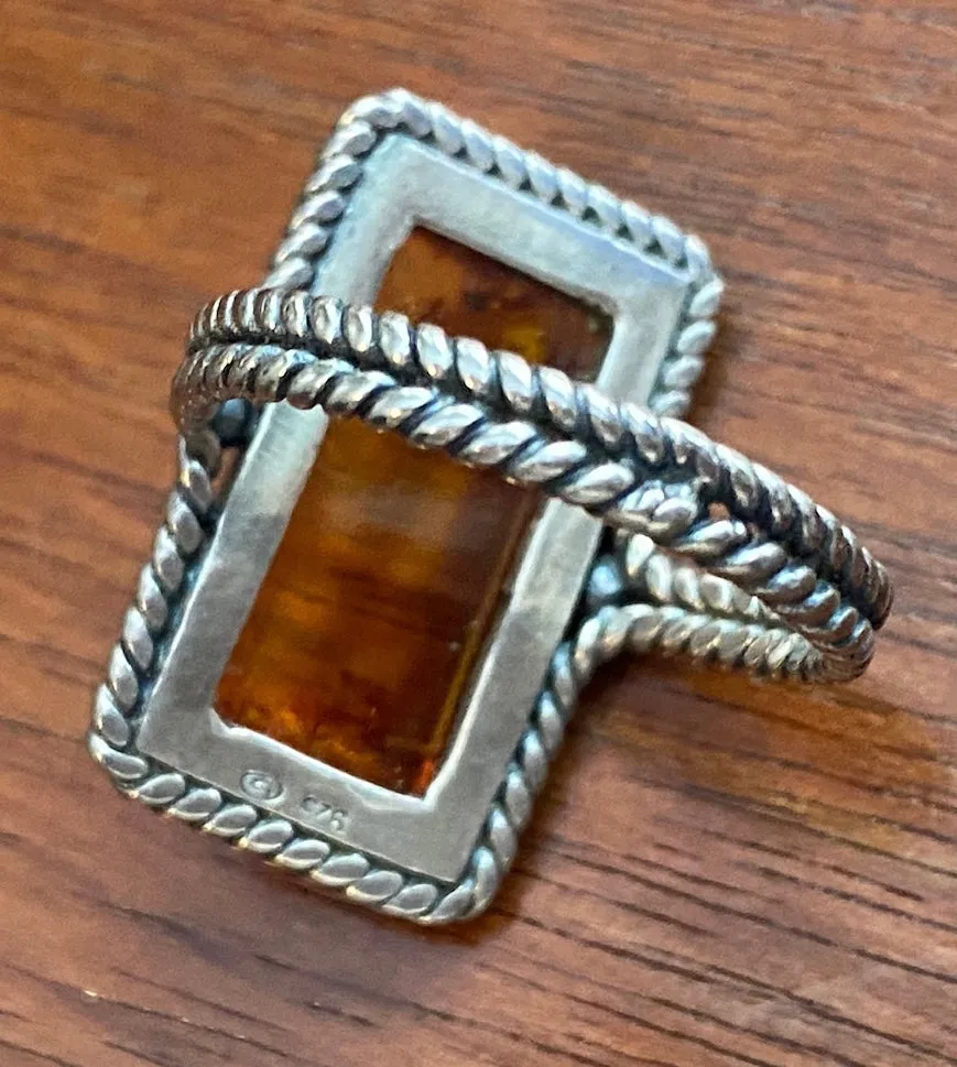 Sterling Silver Baltic Amber Rectangle Rope Edge Ring Sz 9