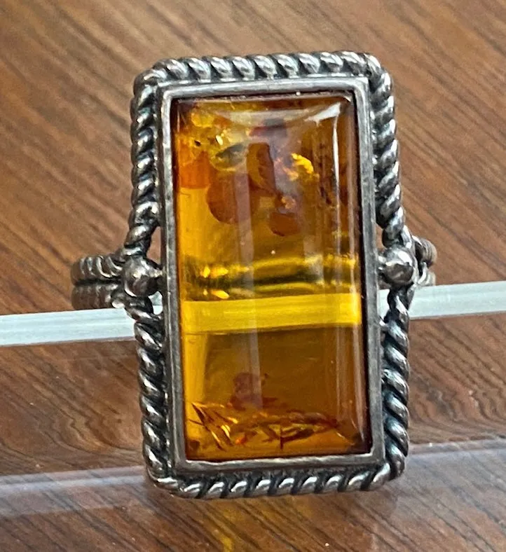 Sterling Silver Baltic Amber Rectangle Rope Edge Ring Sz 9