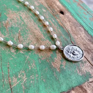 Sterling Silver Round Sacred Heart Medallion on Freshwater Pearls