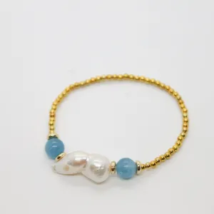 Sunshine Collection, Bracelet, Natural Freshwater White Pearls with Aquamarine Beads and Yellow Rolled Gold Beads