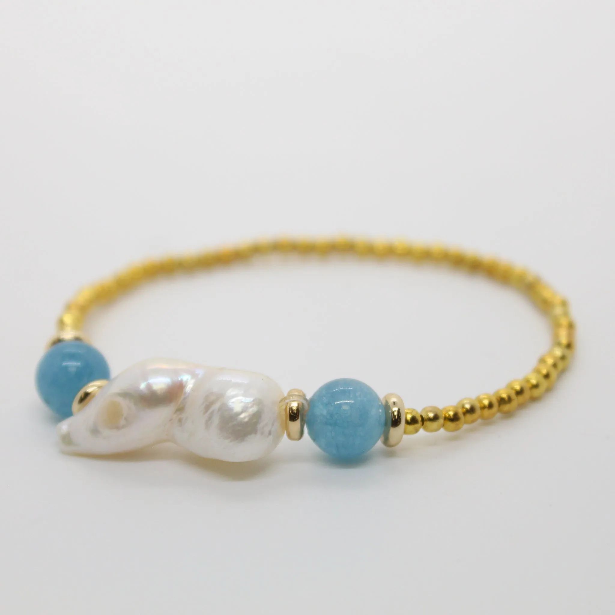 Sunshine Collection, Bracelet, Natural Freshwater White Pearls with Aquamarine Beads and Yellow Rolled Gold Beads