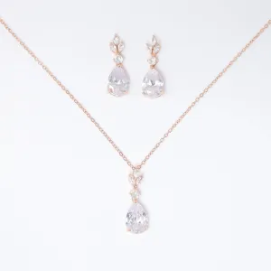 Swarovski Crystal Dainty Rose Gold Leaves Drop Necklace , Bridal Jewelry, Bridal Earrings And Necklace, Statement Earrings Cz, Necklace Set