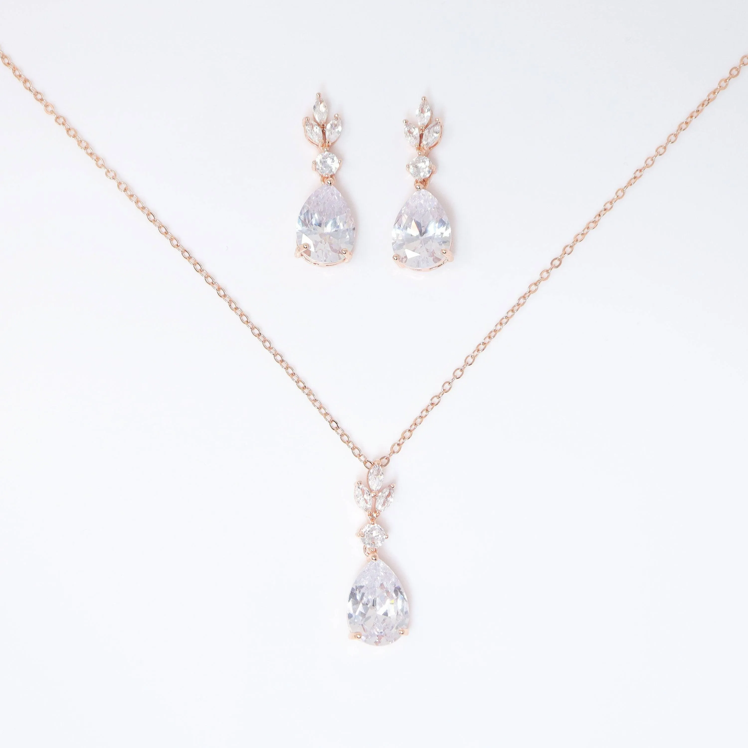 Swarovski Crystal Dainty Rose Gold Leaves Drop Necklace , Bridal Jewelry, Bridal Earrings And Necklace, Statement Earrings Cz, Necklace Set