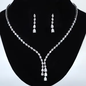 Swarovski Crystals Exquisite Teardrop Necklace and Earrings Set, Long Bridal Earrings And Necklace, Statement Earrings Cz Necklace Set.