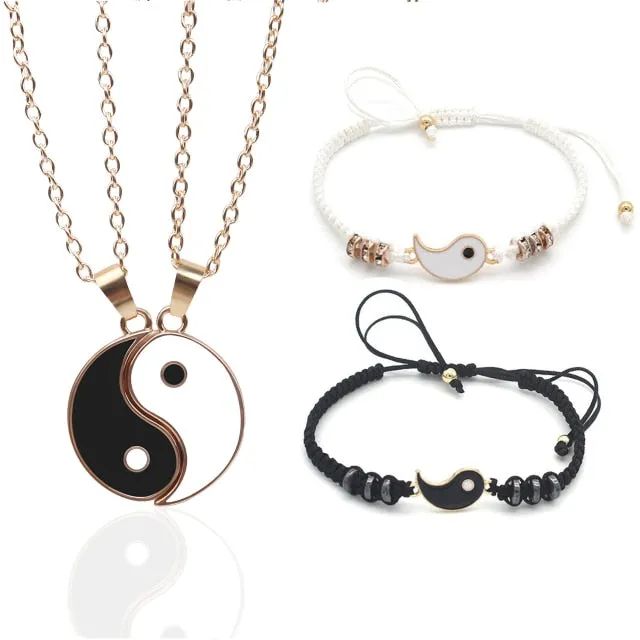 Tai Chi Yin Yang Couple Bracelets Alloy Pendant Adjustable Braid Chain Bracelet Necklace Matching Lover Bracelets Necklaces